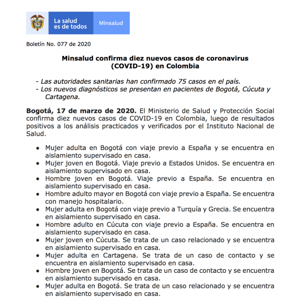  - Diez nuevos casos de coronavirus: se completan 75 en Colombia