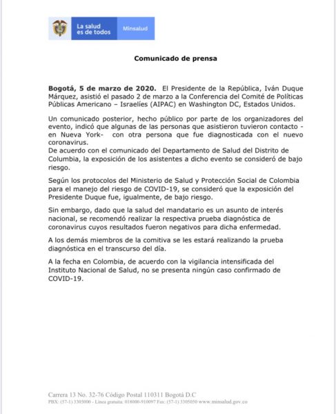 - El presidente Duque se salvó del Coronavirus