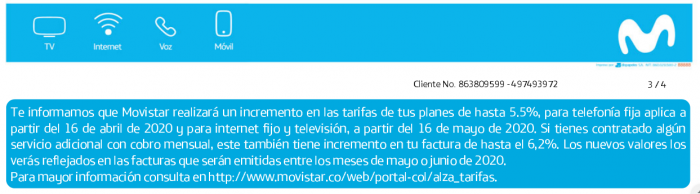  - Denuncia: Movistar anuncia incremento del valor de sus servicios en plena crisis por COVID-19