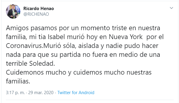  - El dolor de Ricardo Henao en tiempos de Coronavirus