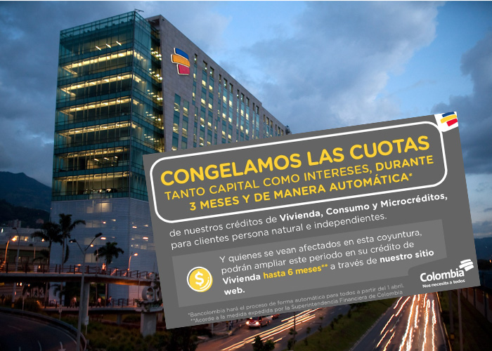 Bancolombia decidió congelar los créditos por 3 meses para las personas