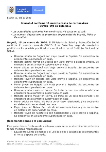  - Nueve nuevos casos de coronavirus: se completan 54 en Colombia