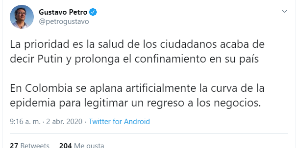 - "En Colombia se aplana artificialmente la curva para legitimar el regreso a los negocios"