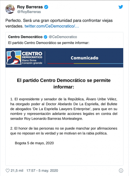  - Uribe y Roy Barreras: dos viejos compadres enfrentados en los estrados judiciales