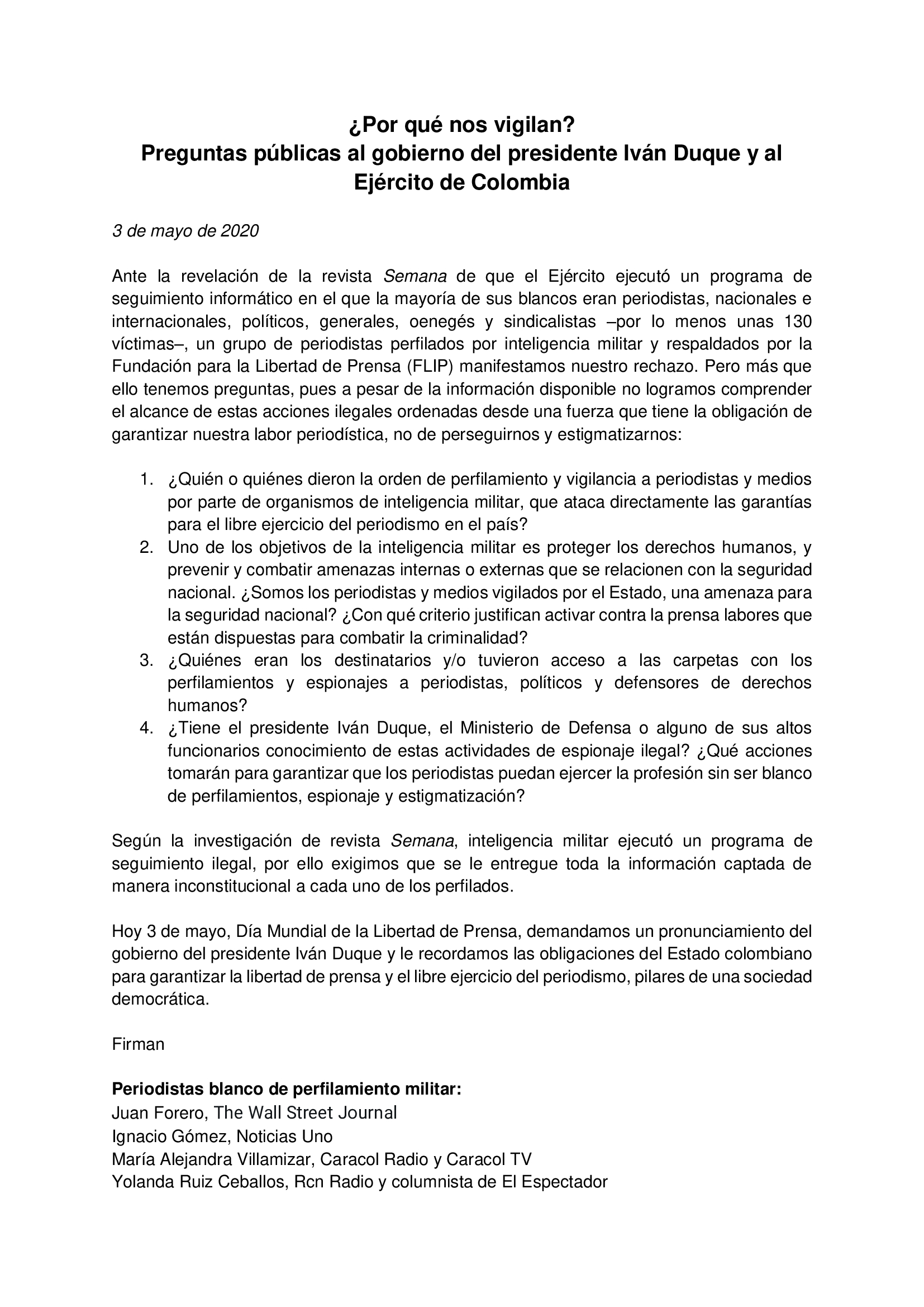  - Los 34 periodistas chuzados por el Ejército piden respuestas