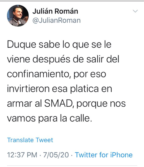  - "Duque sabe lo que se le viene, por eso invirtieron esa platica en el ESMAD, nos vamos pa' la calle"