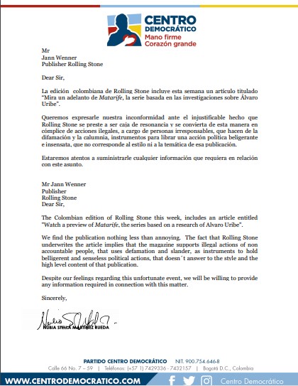  - Duro reclamo del Centro Democrático a la Rolling Stone