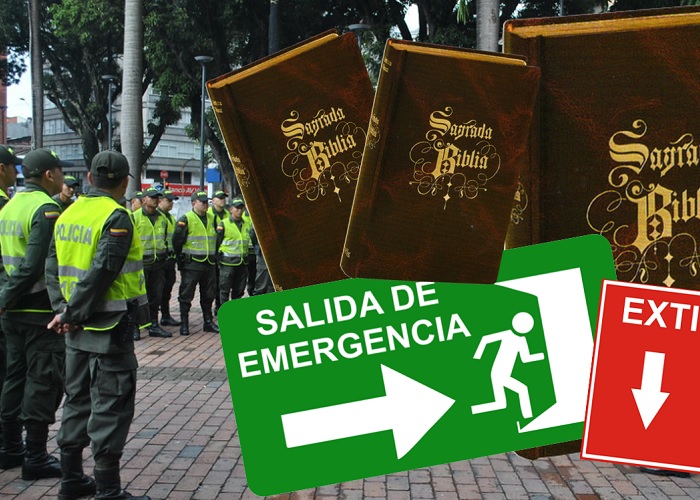 Las biblias y letreros de la Policía Nacional