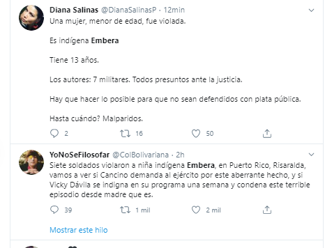  - "Solo espero que el programa de Vicky Dávila sea dedicado exclusivamente a la niña violada por 7 soldados"