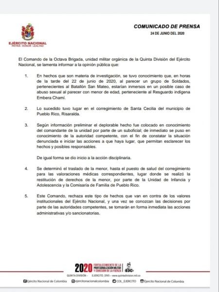  - La niña que habría sido violada por 7 soldados en Risaralda