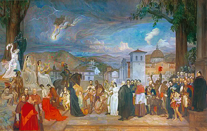 Apoteosis de Popayán, Maestro Efraím Martínez, Paraninfo Francisco José de Caldas, UNICAUCA, Popayán. 9 metros de ancho x 6 metros de alto. Fotografía del original, por Jorge González. Foto tomada por orden de Ricardo Martínez Mahecha. Derechos de Autor- Fundación de Arte Efraím Martínez.