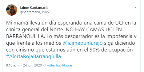 - "Mamá lleva esperando una cama de UCI hace una semana en la Clínica General del Norte en Barranquilla"
