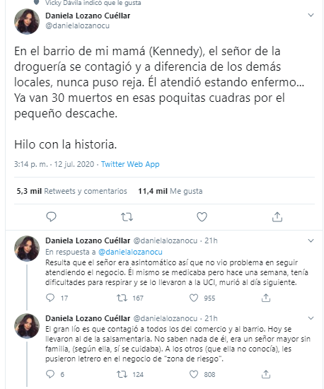  - "Por culpa del señor de la droguería que atendió enfermo, ya hay 30 muertos en mi barrio"