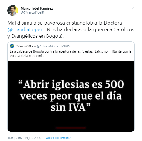  - "Claudia López nos ha declarado la guerra a católicos y evangélicos en Bogotá"