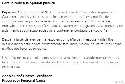 El Procurador del Cauca dice que no estuvo de piscina en cuarentena - -- Las2orillas - El Procurador del Cauca dice que no estuvo de piscina en cuarentena