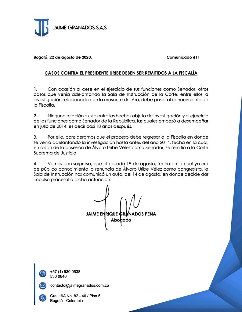 Segundo envión de Granados para que Uribe sea investigado por la Fiscalía y no por la Corte - -- Las2orillas - Segundo envión de Granados para que Uribe sea investigado por la Fiscalía y no por la Corte