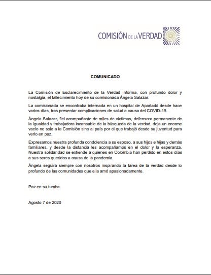 Muere Ángela Salazar, comisionada de la Comisión de la Verdad por COVID-19 - -- Las2orillas - Muere Ángela Salazar, comisionada de la Comisión de la Verdad por COVID-19