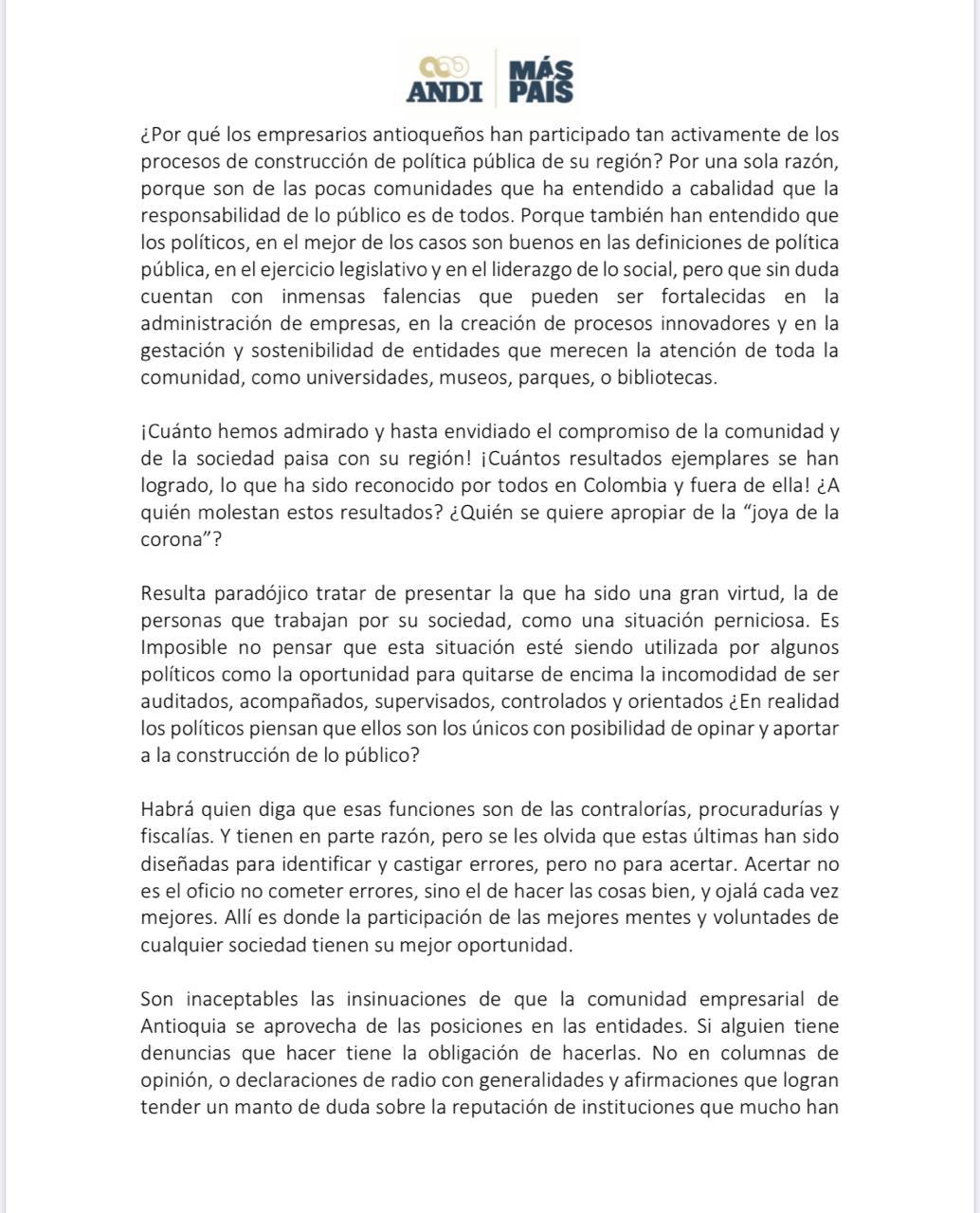  - Andanada de la ANDI contra el Alcalde de Medellín