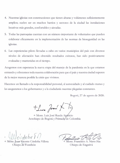  - Obispos y fieles de Bogotá quieren misa: carta a Duque