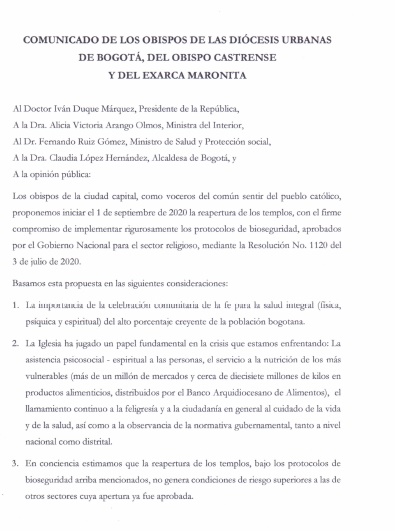  - Obispos y fieles de Bogotá quieren misa: carta a Duque