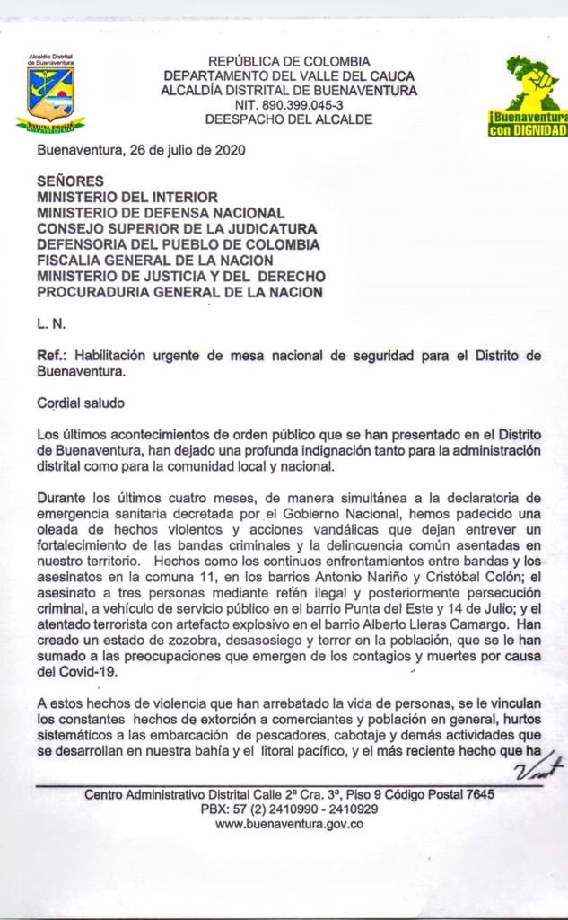  - Desesperada carta del Alcalde de Buenaventura por inseguridad en el puerto