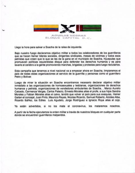  - Águilas Negras amenazan de muerte a Petro, Bolivar y a quien los apoye en Soacha