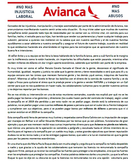  - Empleados le cantan la tabla a ejecutivos de Avianca por sus megabonos