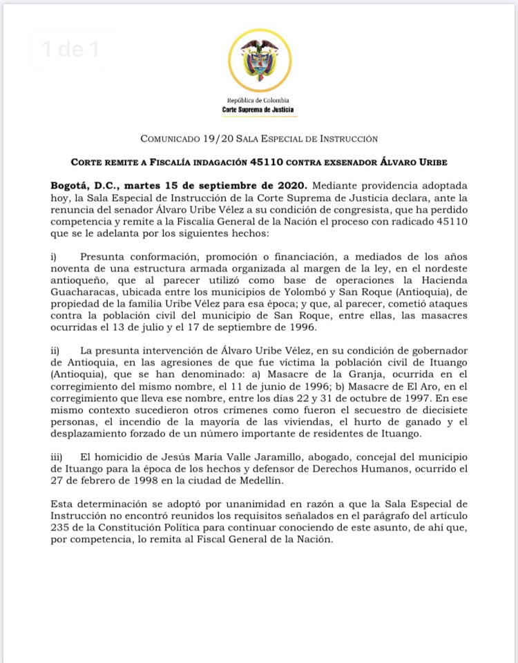 Segundo triunfo judicial de Uribe: masacres del Aro y La Granja dejan la Corte - -- Las2orillas - Segundo triunfo judicial de Uribe: masacres del Aro y La Granja dejan la Corte