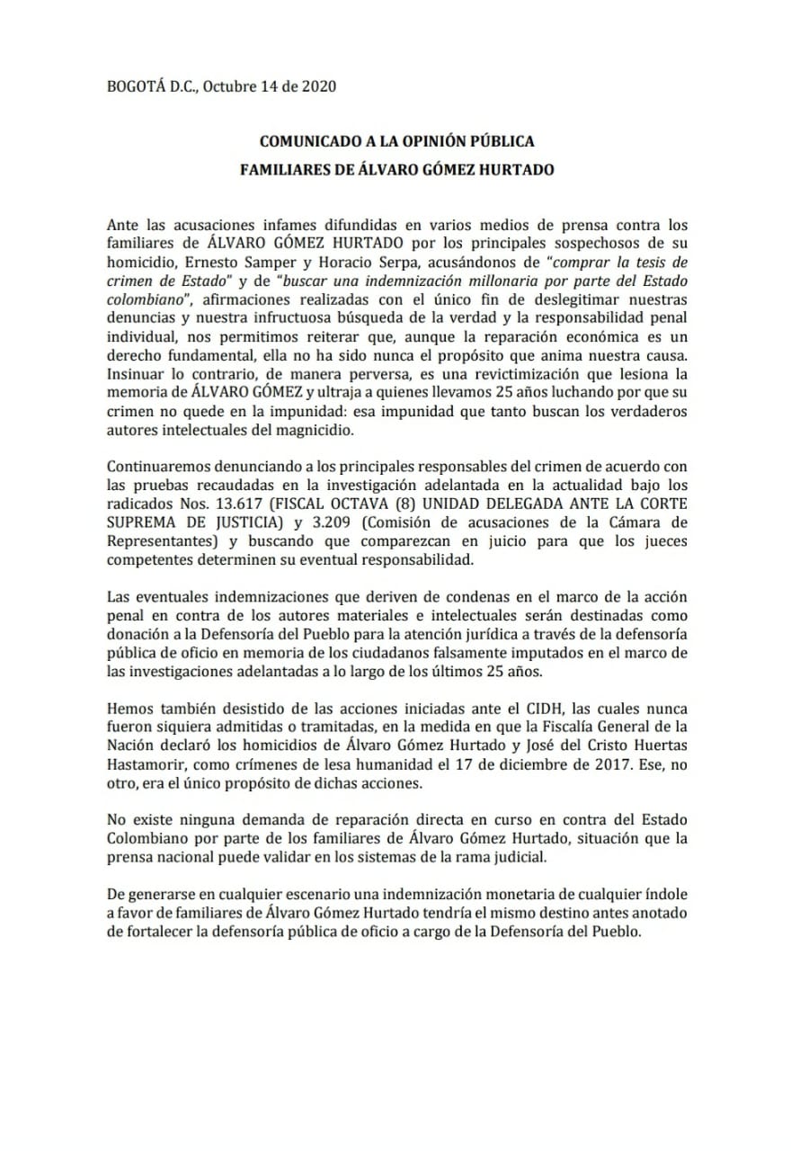  - Familiares de Álvaro Gómez insisten en señalar a Samper y Serpa