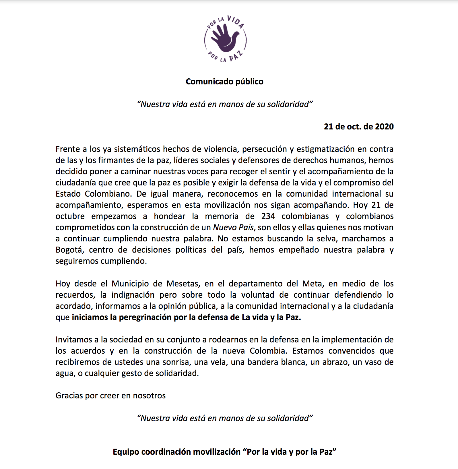  - El excomandante Pastor Alape encabeza peregrinación desde el Meta: No más asesinatos