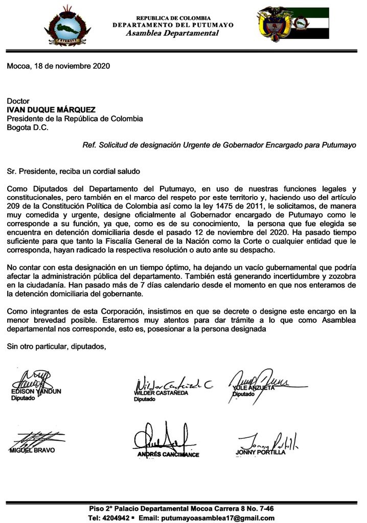  - En el congelador de Palacio nombramiento de gobernador (e) del Putumayo