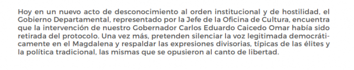 Comunicado Gobernación de Magdalena: 200 años después reafirmamos nuestra identidad y defendemos el territorio con dignidad