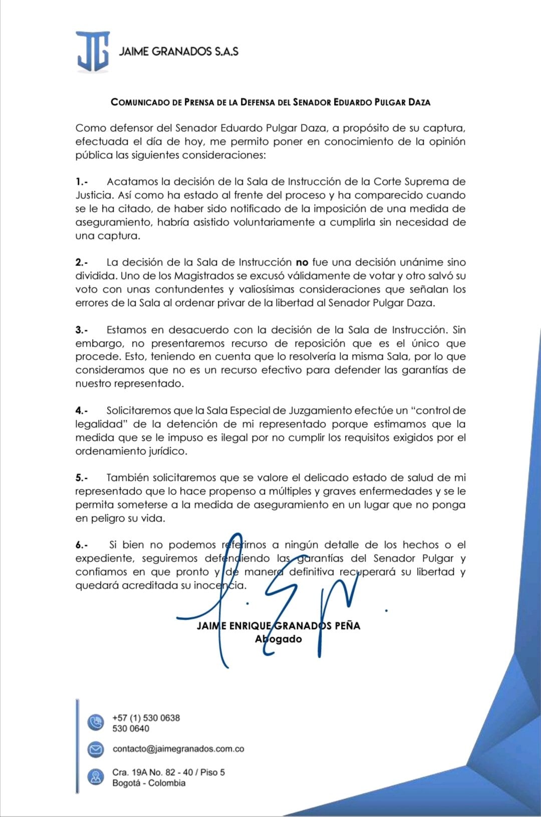  - Jaime Granados, un peso pesado defenderá a senador detenido