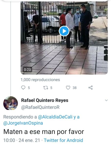  - "Maten a ese Man": Alcalde Ospina frentea a tuitero que incita a su muerte