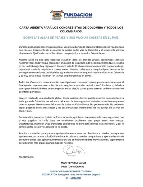  - Líder camionero frentea a congresistas por alza de peajes