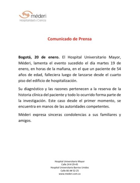  - Paciente con COVID se lanza de cuarto piso en hospital en Bogotá