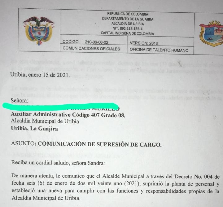 Fragmento carta de notificación. Foto: La Guajira Hoy