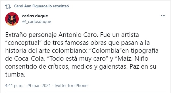  - "Niño consentido de críticos, medios y galeristas" duro trino contra Antonio Caro