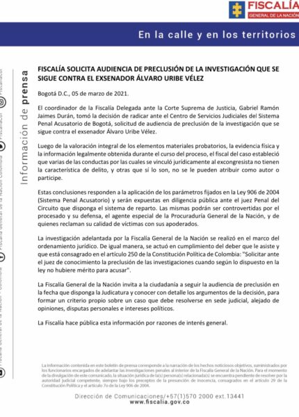  - Fiscalía pide precluir proceso contra Uribe