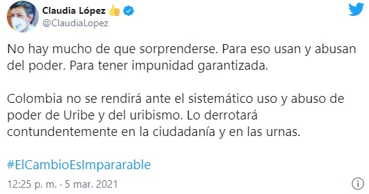  - La ira de Claudia López por "abuso de poder de Uribe"