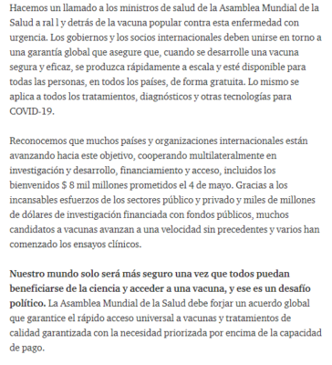  - Enfrentar el Covid no puede ser negocio de nadie: 140 líderes le escriben a Biden