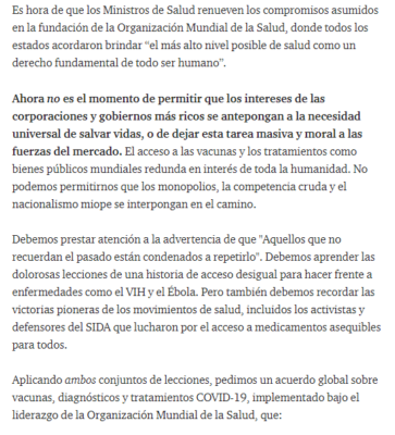  - Enfrentar el Covid no puede ser negocio de nadie: 140 líderes le escriben a Biden