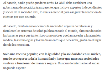  - Enfrentar el Covid no puede ser negocio de nadie: 140 líderes le escriben a Biden