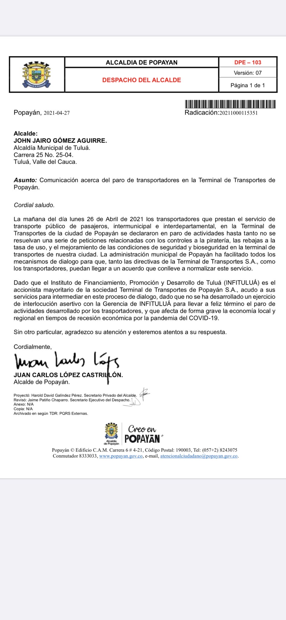  - Cuarto día de paro en Terminal de Popayán