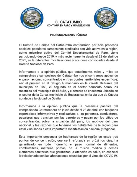  - Campesinos del Catatumbo se movilizan en defensa de los derechos humanos