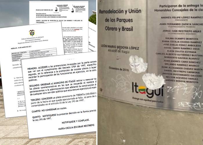 Jueza ordena retirar placas con nombres de políticos en Itagüí