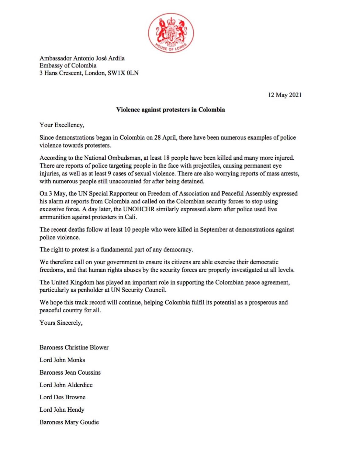  - Dura carta al Embajador en Inglaterra Antonio José Ardila desde la Cámara de los Lores