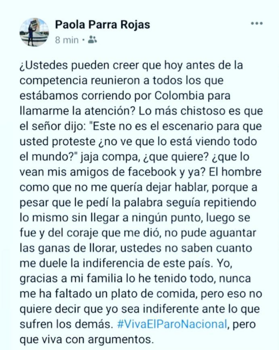 Pantallazo de publicación de Paola Parra en facebook