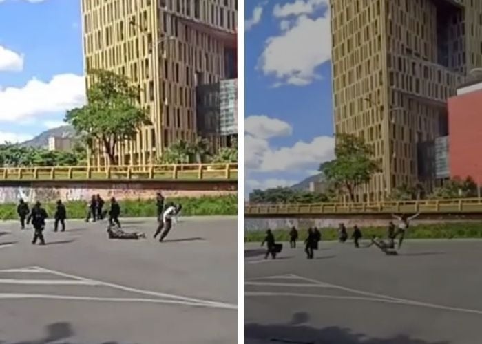 VIDEO: Patrullera del ESMAD convulsionó tras ser brutalmente atacada por encapuchado en Medellín