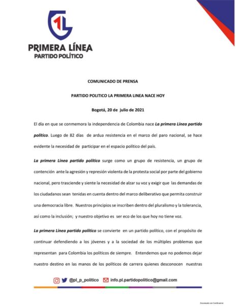 - Primera Línea de Bogotá se lanza al ruedo como partido político